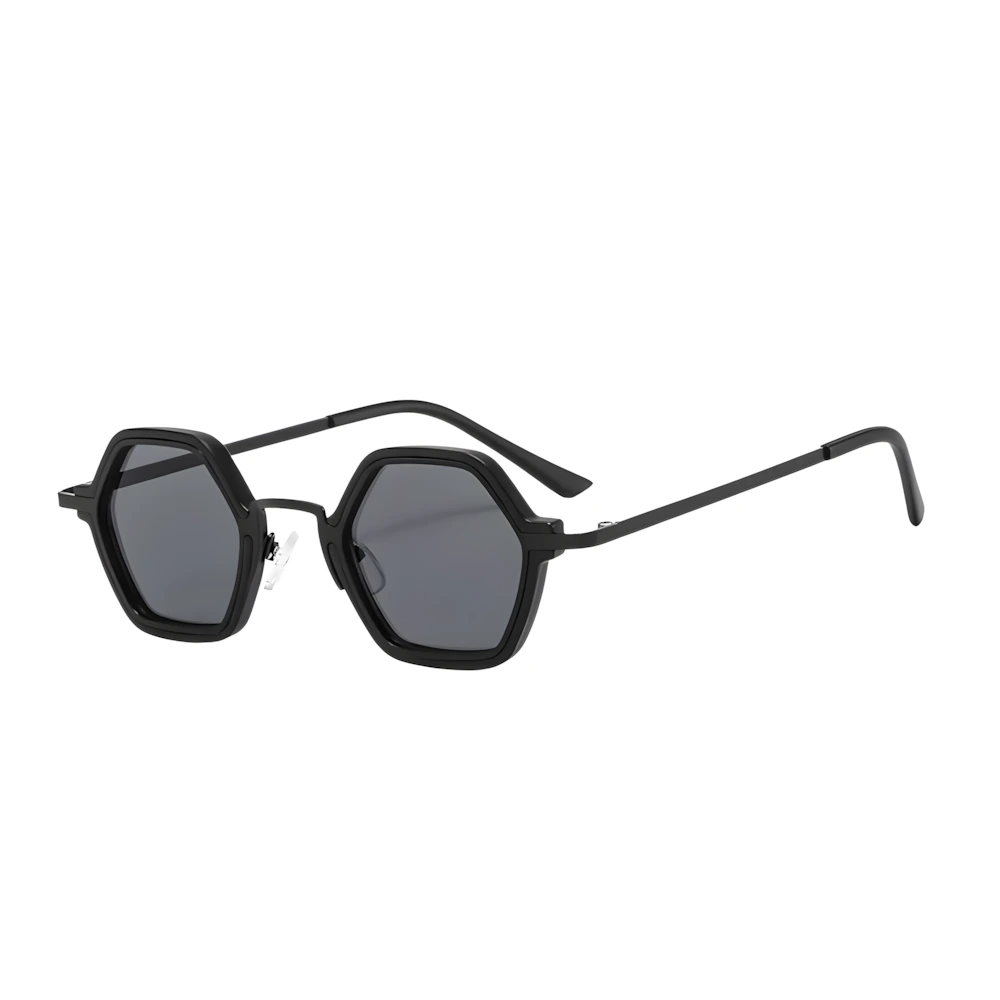 Hexagonal sunglasses with black frame and black lenses, side angle — HARO Cap-Ferrat 1925