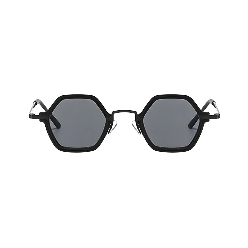 Small hexagonal sunglasses with black frame and black polarized lenses, front view — HARO Cap-Ferrat 1925