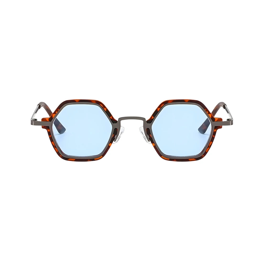 Small hexagonal sunglasses with tortoise frame and blue polarized lenses, front view — HARO Cap-Ferrat 1925