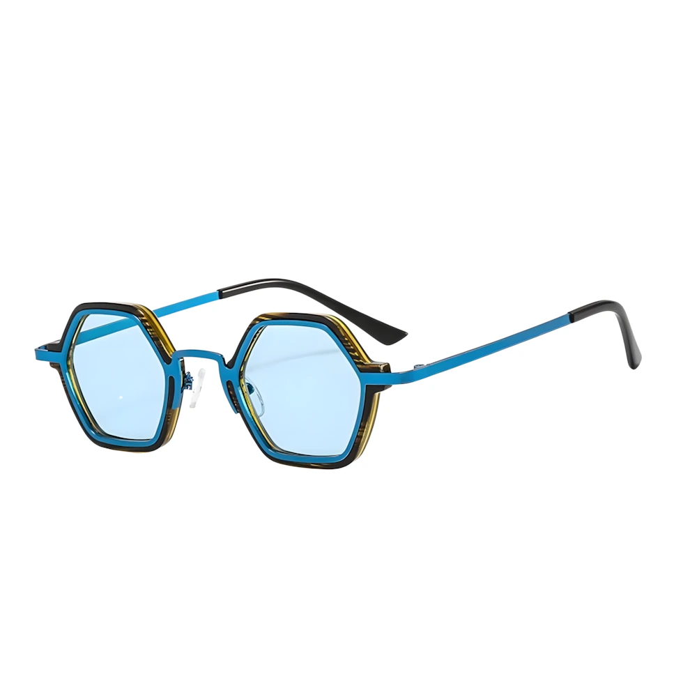 Hexagonal sunglasses with wood-tone frame and blue lenses, side angle — HARO Cap-Ferrat 1925