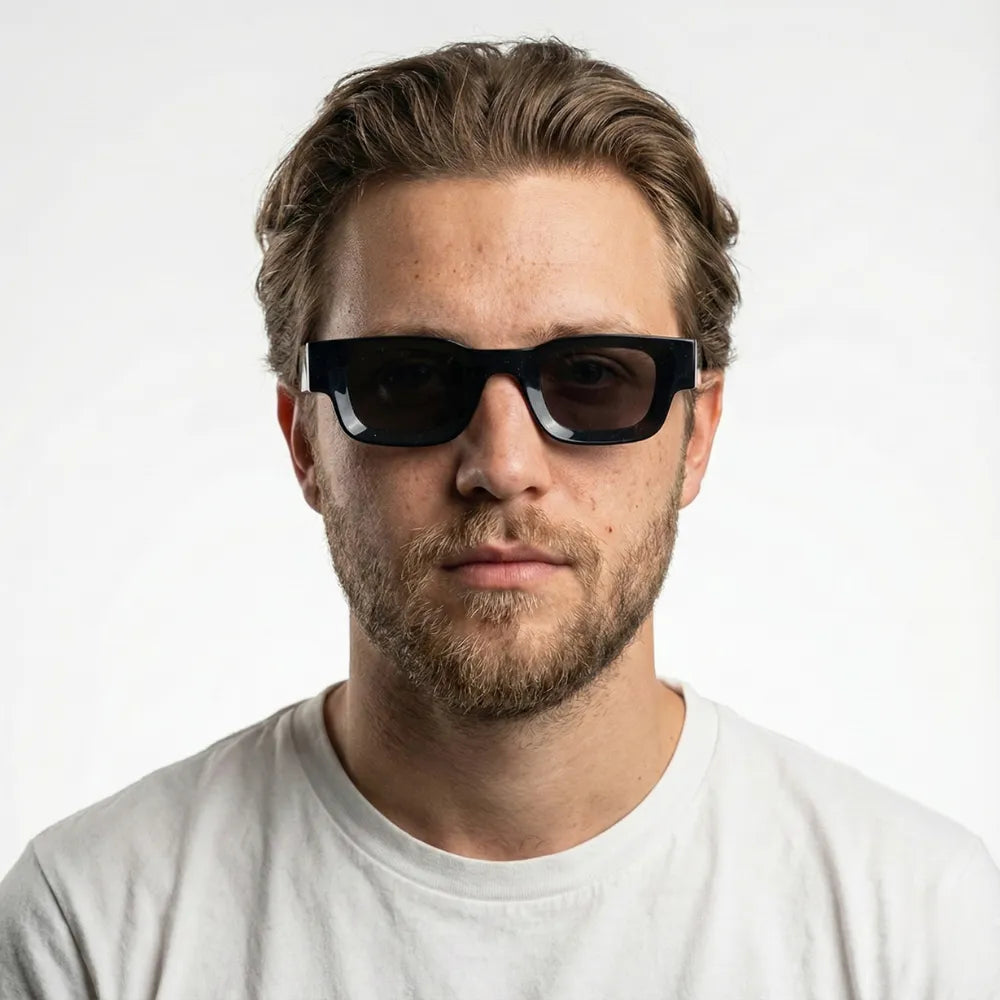 Bold rectangular acetate sunglasses worn outdoors — HARO Côte d'Azur Menton lifestyle
