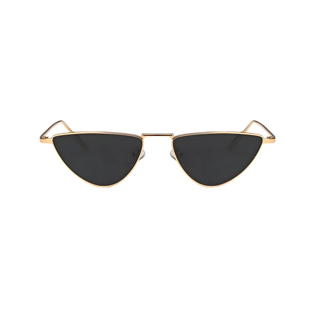 Thin cat-eye metal sunglasses with gold frame and black polarized lenses, front view — HARO Hyères Palmiers