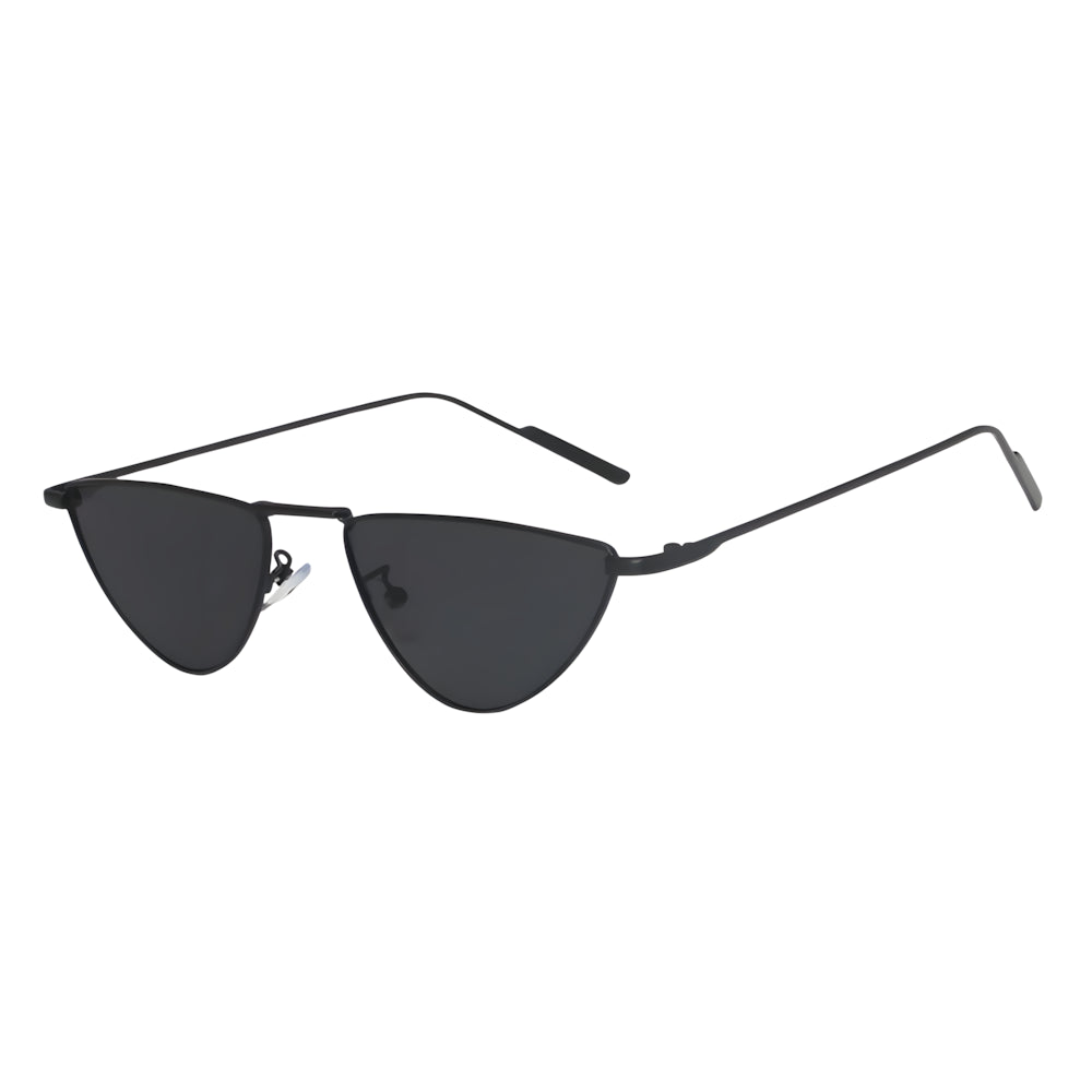 Cat-eye metal sunglasses with black frame and black lenses, side angle — HARO Hyères Palmiers