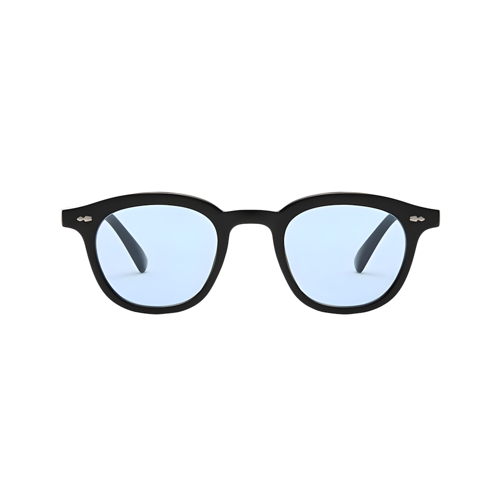 Classic round acetate sunglasses with black frame and blue polarized lenses, front view — HARO Portofino 7PM