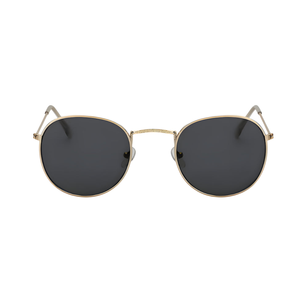 Thin round metal sunglasses with gold frame and black polarized lenses, front view — HARO Portovenere 1952