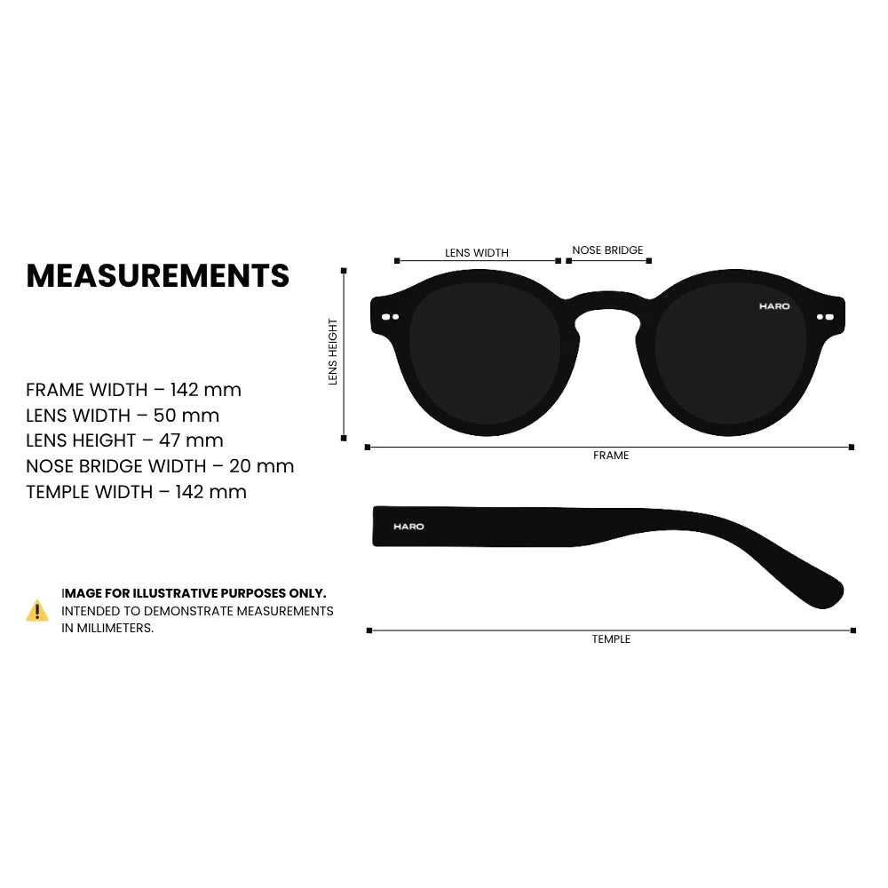 Small round acetate sunglasses measurements: frame width 142mm, lens width 50mm, lens height 47mm, nose bridge 20mm, temple length 142mm — HARO Antibes 1923