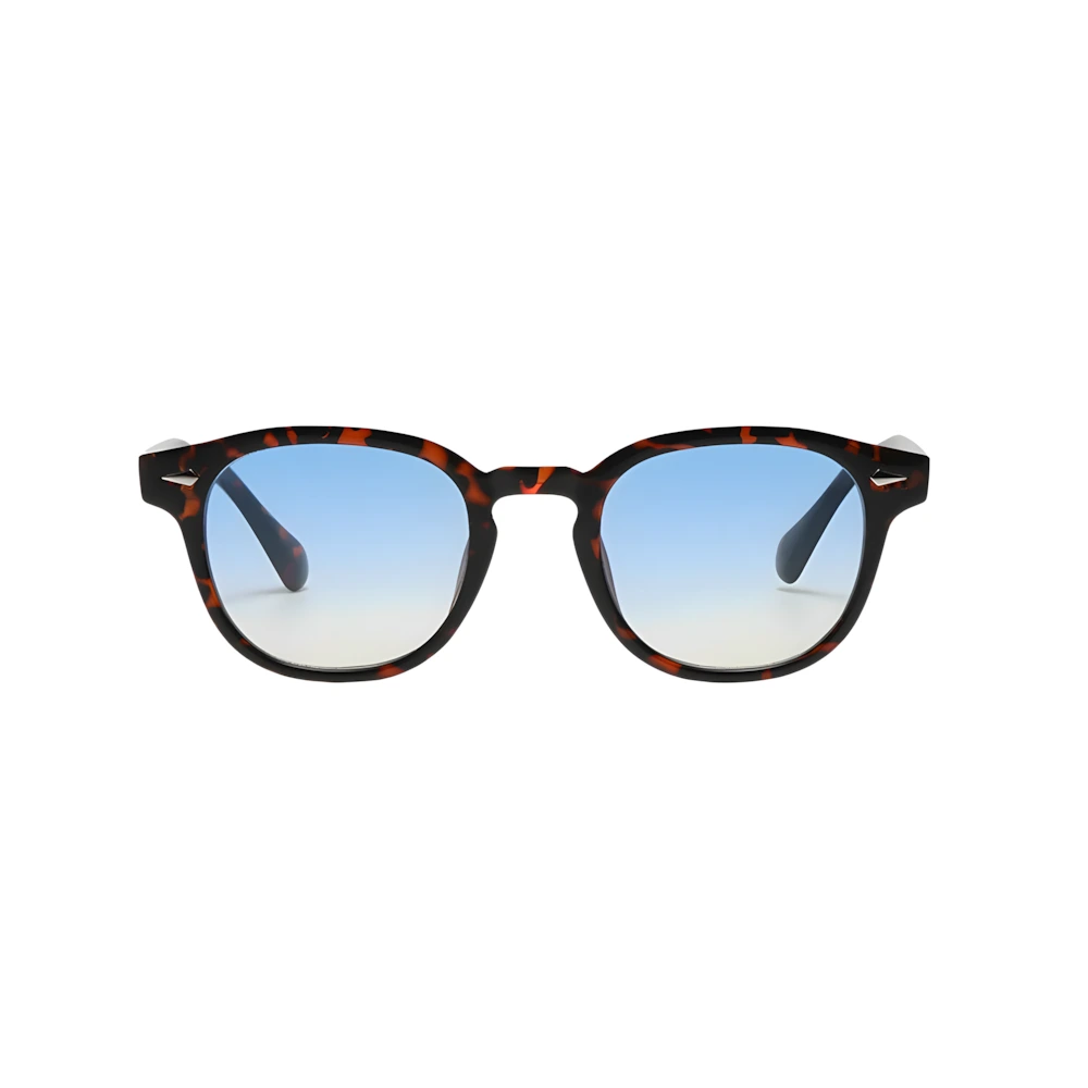 Small round acetate sunglasses with tortoise frame and blue gradient lenses, front view — HARO Antibes 1923
