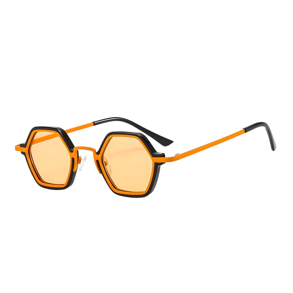 Hexagonal sunglasses with black frame and orange lenses, side angle — HARO Cap-Ferrat 1925