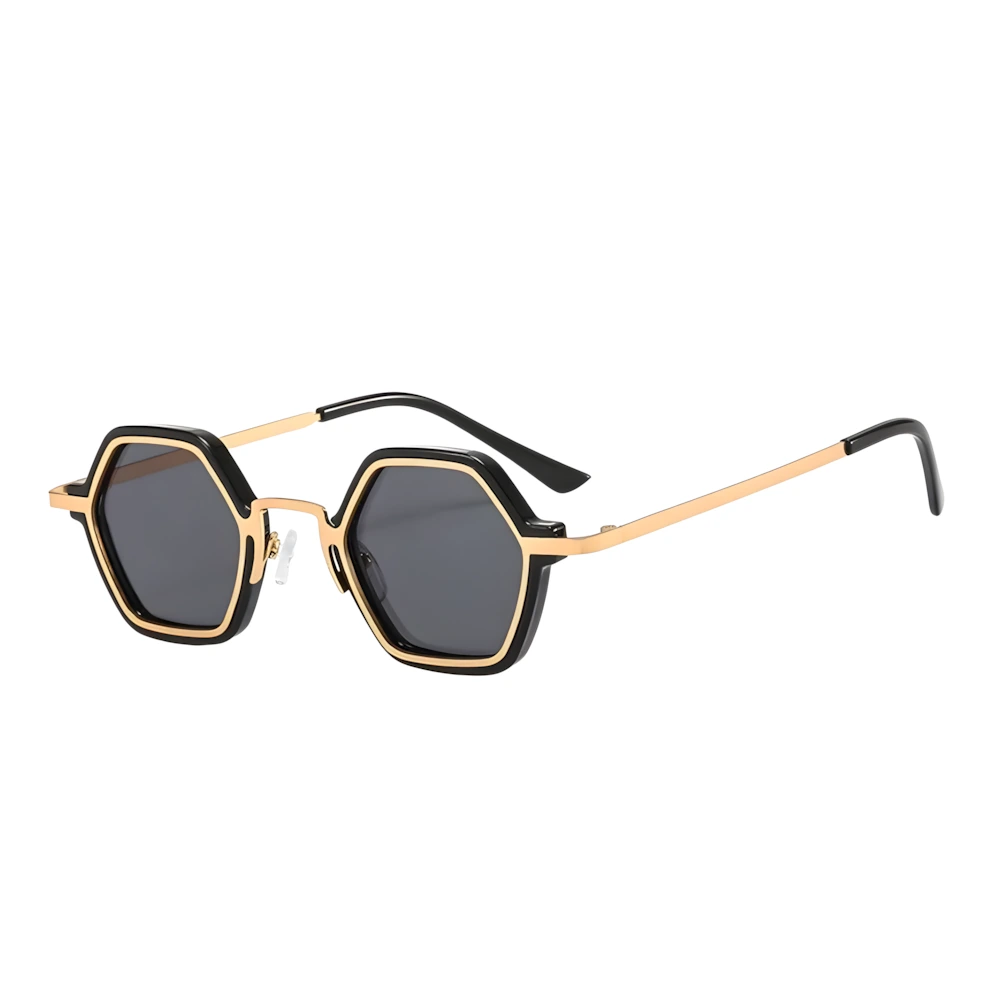Small hexagonal sunglasses with black-gold frame and black lenses, side angle — HARO Cap-Ferrat 1925