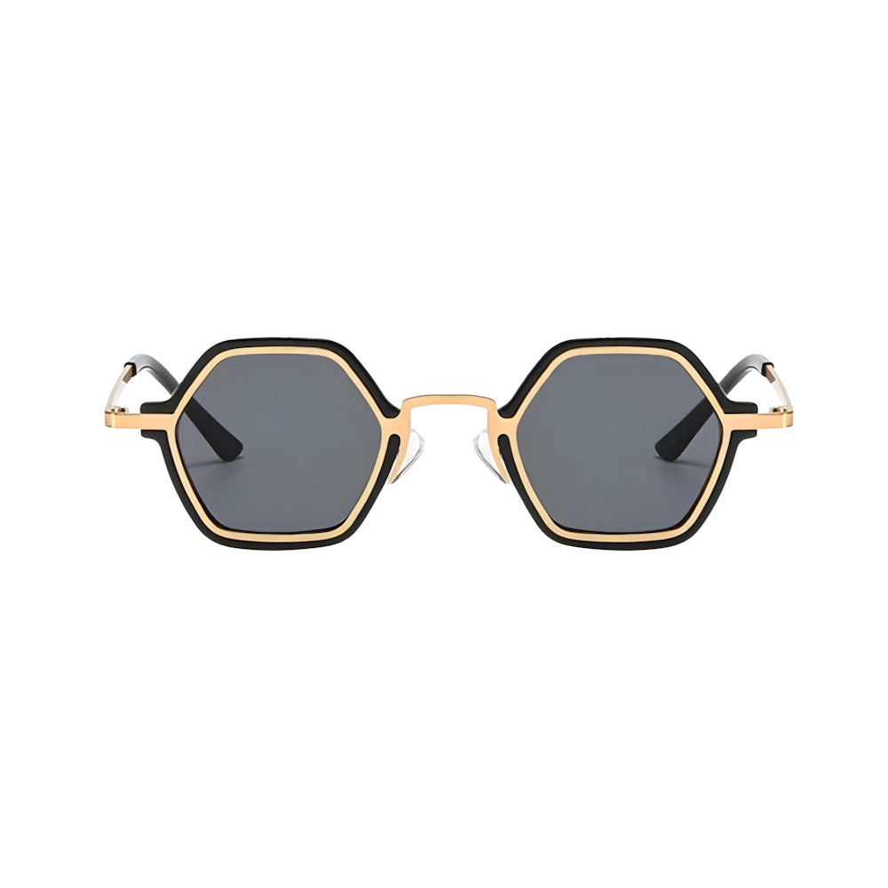 Small hexagonal sunglasses with black-gold frame and black polarized lenses, front view — HARO Cap-Ferrat 1925