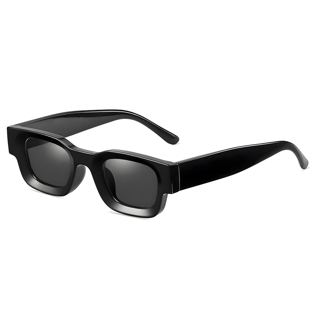 Rectangular acetate sunglasses with black frame and black lenses, side angle — HARO Côte d'Azur Menton