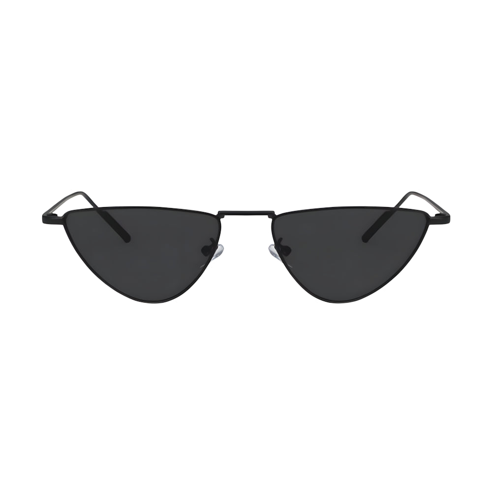 Thin cat-eye metal sunglasses with black frame and black polarized lenses, front view — HARO Hyères Palmiers
