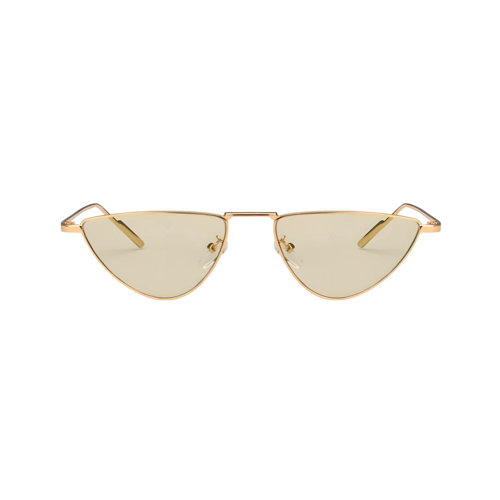 Thin cat-eye metal sunglasses with gold frame and green polarized lenses, front view — HARO Hyères Palmiers