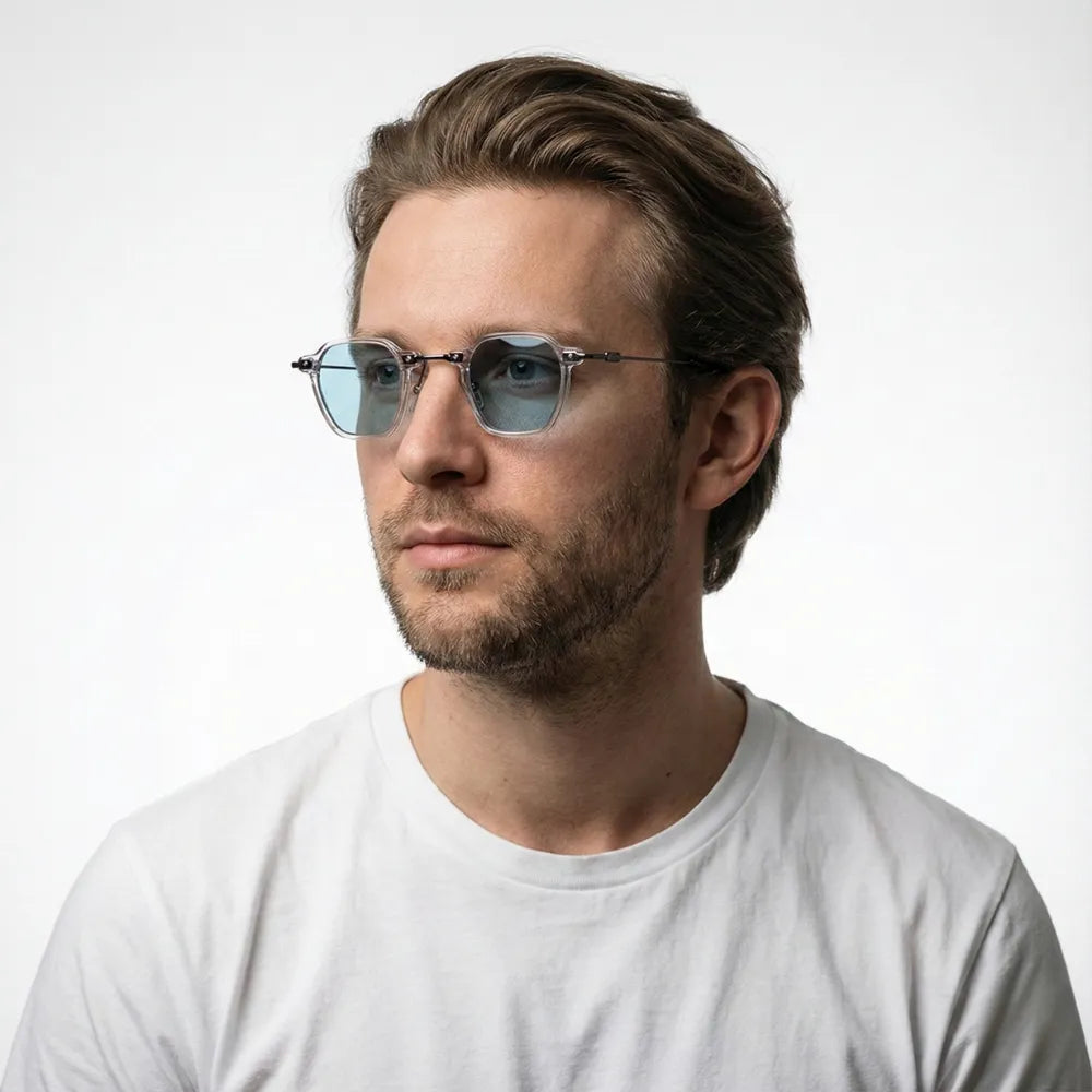 Hexagonal metal sunglasses, close-up detail — HARO Porto Cervo