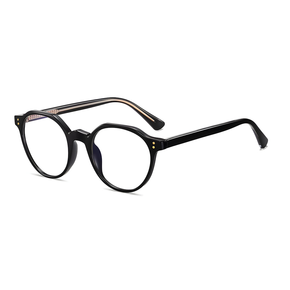 Narrow blue-light glasses with black frame, side angle — HARO St. Moritz '19