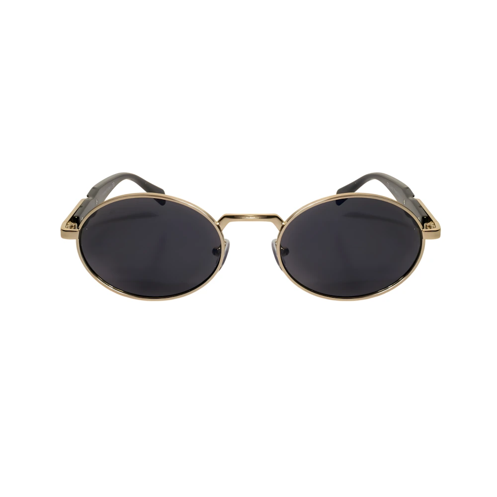 Round sunglasses with double bridge, gold frame and black polarized lenses, front view — HARO Villefranche Rade