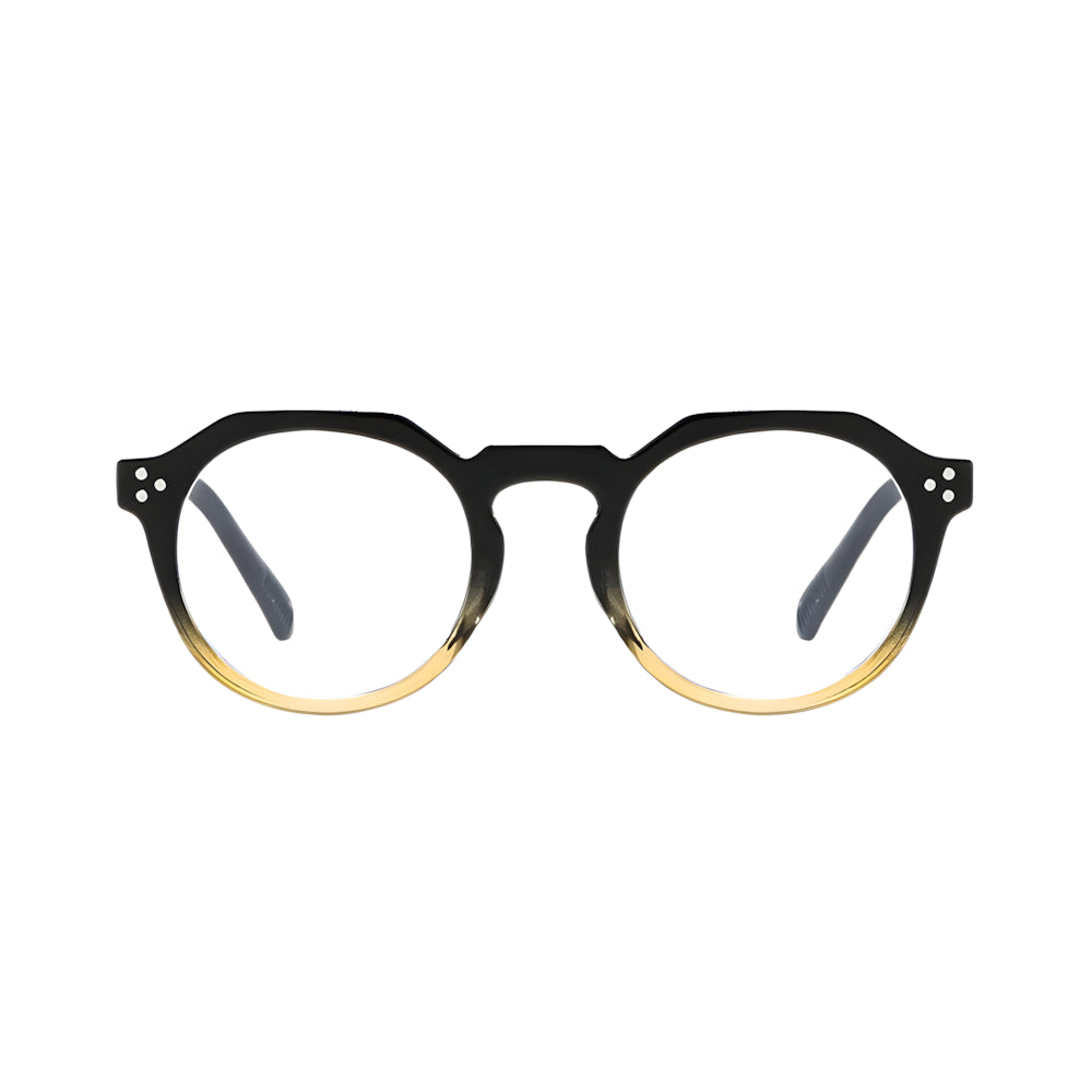 Rectangular blue-light glasses with black frame and yellow detail, front view — HARO Zermatt 1865